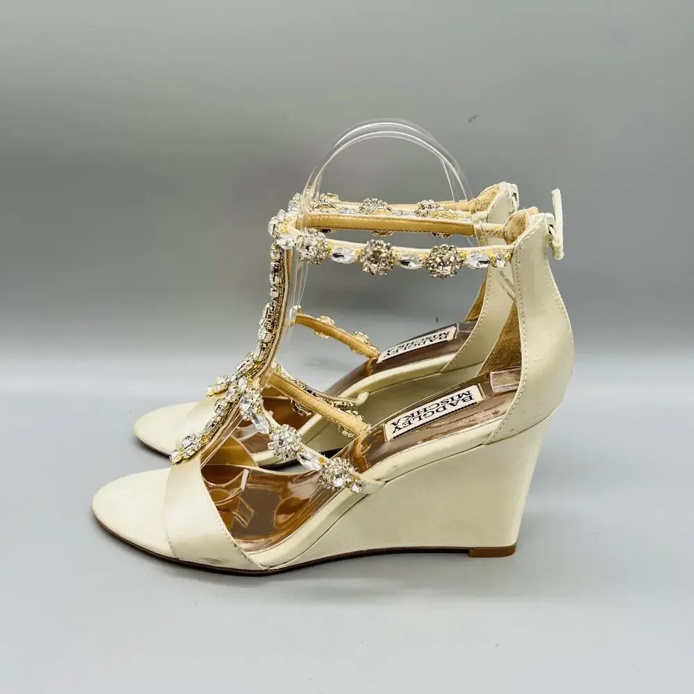 Badgley Mischka Sandals Womens 7 White Satin Bridal Rhinestone Ankle Wedge Shoes